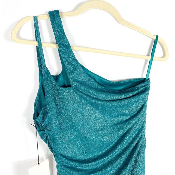 Superdown Jayden Mini Dress Blue‎ Shimmer Asymmetrical One Shoulder Jersey Sz M - Picture 10 of 12